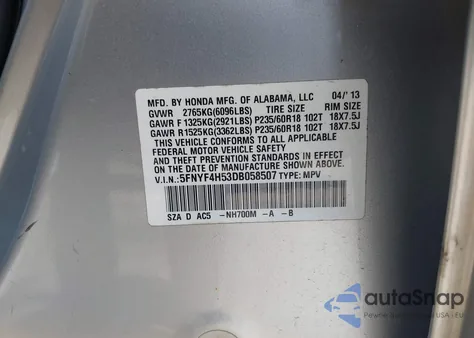 2013 Honda Pilot Ex-L from USA, damaged, VIN 5FNYF4H53DB058507